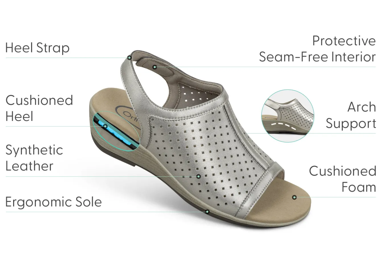 OrthoFeet Sandals|Dress Shoes<Hazel - Platinum Metallic